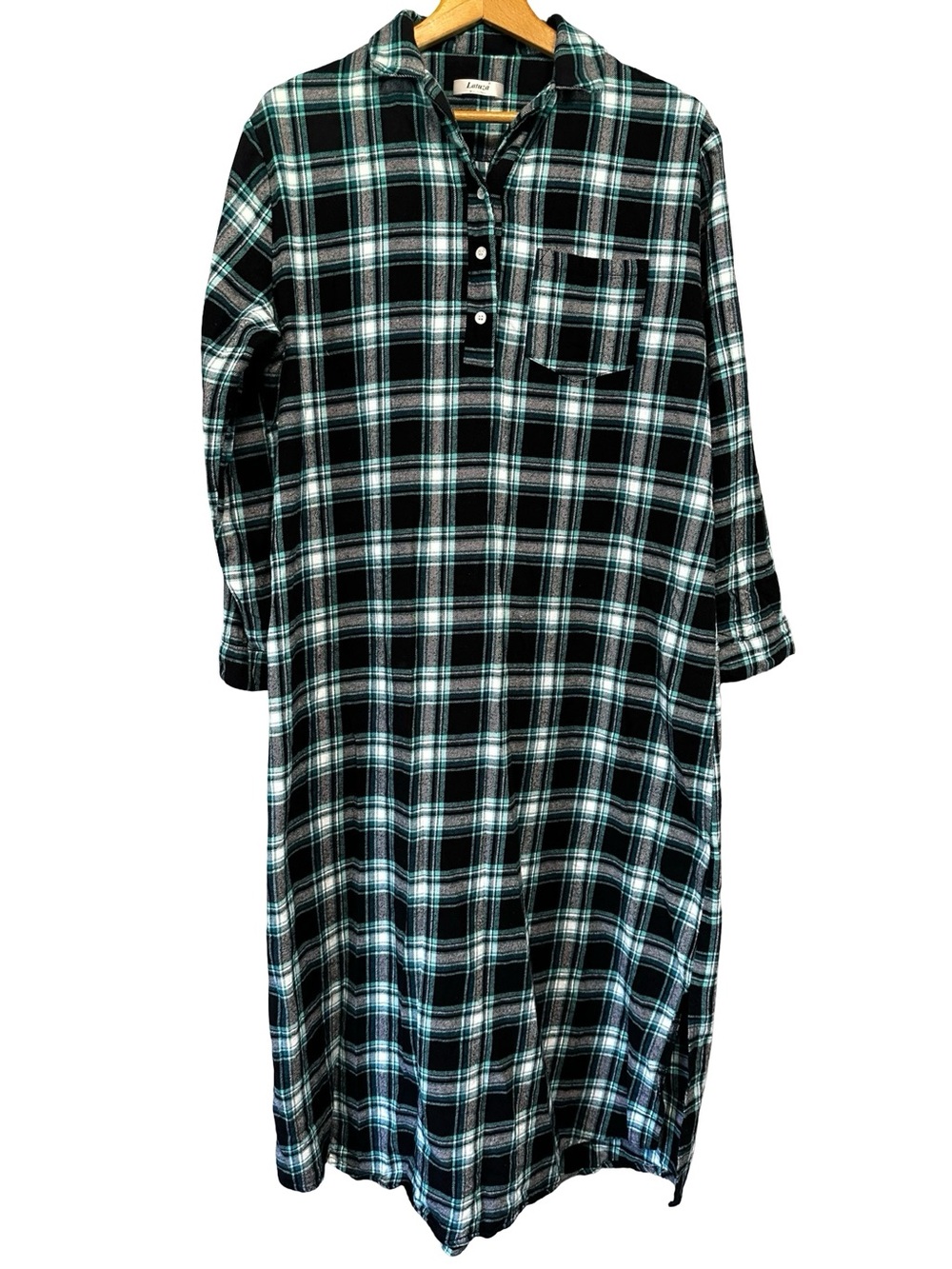 Latuza Black Blue Plaid Cotton Maxi Nightgown Dress Large Flannel Comfy Pajamas